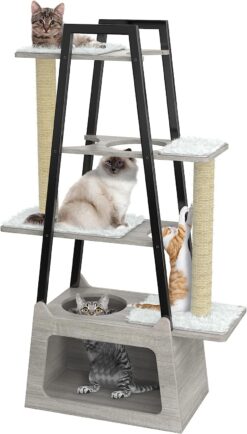 GDLF Modern Cat Tree Wooden Heavy Duty Cat Tower for Indoor Cats with Condo and Long Scratching Posts for Large Felines Easy Clean 54