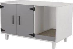 GDLF Modern Wood Pet Crate Cat Washroom Hidden Litter Box Enclosure Furniture House as Table Nightstand with Scratch Pad,Stackable (Gray & White)