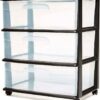 HOMZ Plastic 3 Drawer Wide Cart, Black Frame, Clear Drawers, 4 Casters included, Set of 1