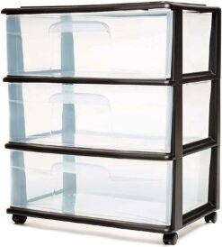 HOMZ Plastic 3 Drawer Wide Cart, Black Frame, Clear Drawers, 4 Casters included, Set of 1