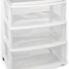 HOMZ Plastic 3 Drawer Wide Cart, White Frame, Clear Drawers, 4 Casters Included, Set of 1