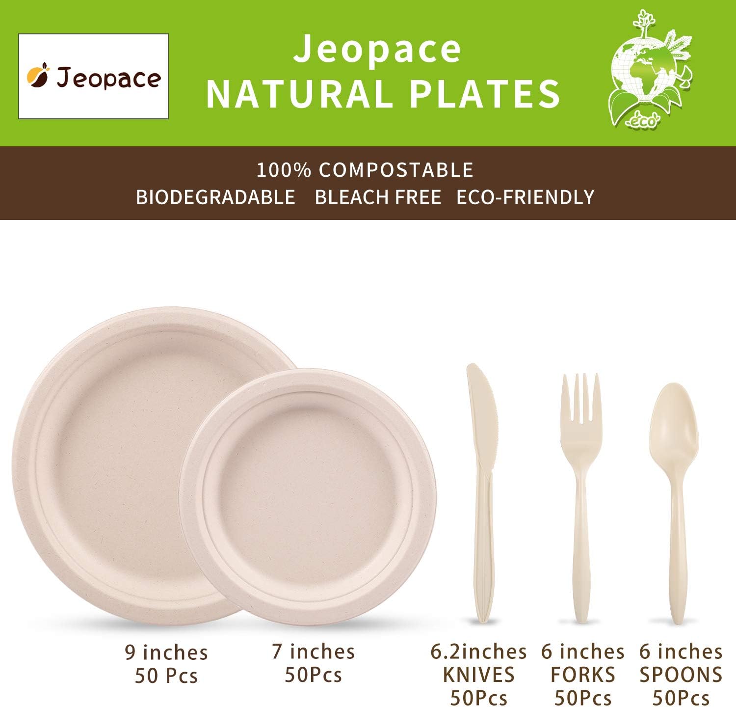 250 Pcs Compostable Paper Plates Set, Paper Plates Heavy Duty, Eco Friendly  Biodegradable Plates, Spoons, Forks, Knives, Sugarcane Fibers Disposable