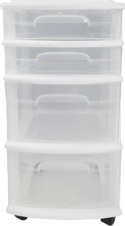 Homz Plastic 6 Clear Drawer Medium Home Organization Storage Container  Tower with 4 Large Drawers and 2 Small Drawers, White Frame (2 Pack)