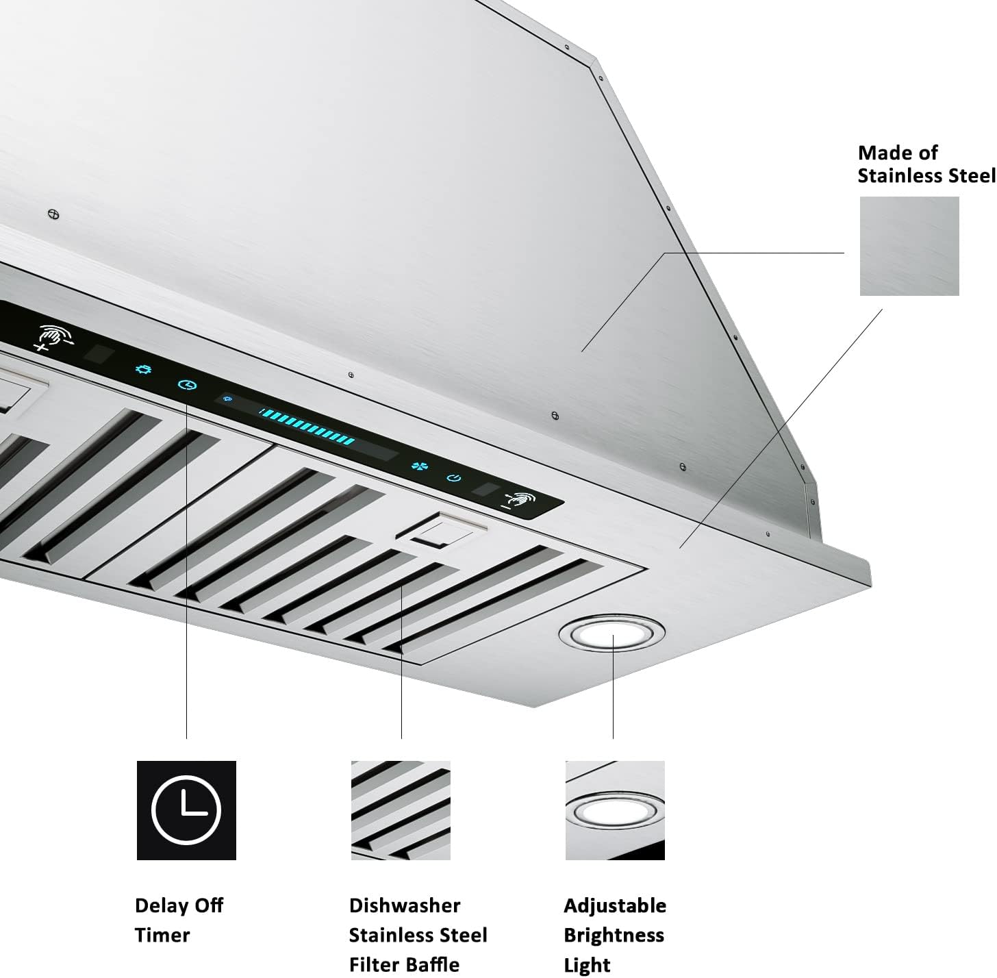 IKTCH 30 in. 900 CFM Ducted Insert Range Hood in Stainless Steel and White Glass with LED Lights