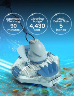 KOKIDO Cordless Robotic Pool Cleaner, Automatic Pool Vacuum for Flat Bottom Above Inground Pools up to 30 Feet. Dirt, Sand, Debris and Leaves (max 5 inch), Last 90 Mins, XTROJET 330