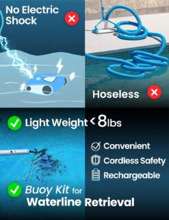 KOKIDO Cordless Robotic Pool Cleaner, Automatic Pool Vacuum for Flat Bottom Above Inground Pools up to 30 Feet. Dirt, Sand, Debris and Leaves (max 5 inch), Last 90 Mins, XTROJET 330