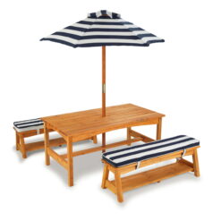 KidKraft Outdoor Wooden Table & Bench with Cushions and Umbrella, Navy, For Ages 3+