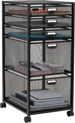 MIND READER Rolling File Cabinet with Drawers [5 Drawers] Craft Cart Organizer with Wheels, Slim Storage for Makeup, Kitchen, Utilities, Office Supplies, and Tools (BLACK MESH)