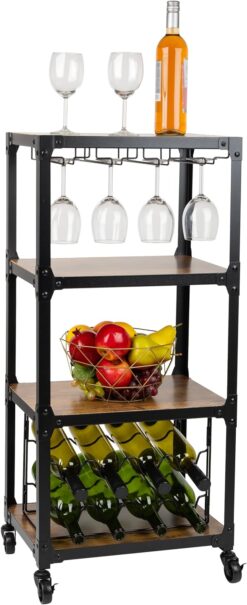 Mind Reader Mobile Kitchen Cart with Wine Rack and Stemware Storage, Black