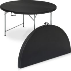 MoNiBloom 4Ft Round Foldable Table, White Banquet Event Wedding Card Plastic Portable Folding Table with Carrying Handle and Lock, Black