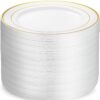 Munfix 100 Piece Plastic Party Plates White Gold Rim, Premium 10.25 Inch Dinner Elegant Fancy Heavy Duty Disposable Wedding Plates