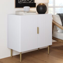 Nathan James Vera 31 in. White Storage Accent Cabinet in Fluted Texture Finish and Brass Gold Metal Legs