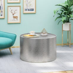 Noble House Corey Modern Hammered Iron Round Coffee Table, Silver