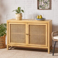 Noble House Heidi Boho Handcrafted 2 Door Mango Wood Cabinet with Wicker Caning, Natural