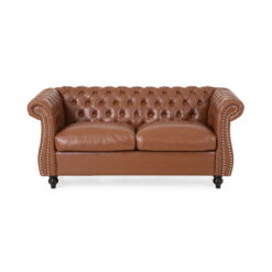 Noble House Magnus Indoor Traditional Chesterfield Faux Leather Loveseat, Cognac Brown
