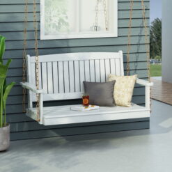 Noble House Maximo Hanging Acacia Wood Porch Swing - White/Silver