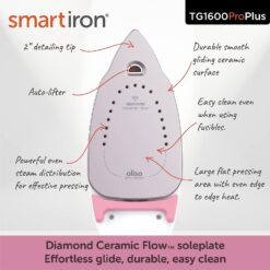 Oliso TG1600 Pro Plus 1800 Watt SmartIron with Auto Lift - for Clothes, Sewing, Quilting and Crafting Ironing Diamond Ceramic-Flow Soleplate Steam Iron, Pink