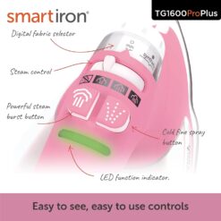 Oliso TG1600 Pro Plus 1800 Watt SmartIron with Auto Lift - for Clothes, Sewing, Quilting and Crafting Ironing Diamond Ceramic-Flow Soleplate Steam Iron, Pink