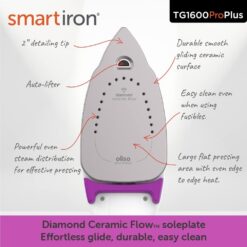 Oliso TG1600 Pro Plus 1800 Watt SmartIron with Auto Lift - for Clothes, Sewing, Quilting and Crafting Ironing Diamond Ceramic-Flow Soleplate Steam Iron, Purple