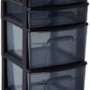 HOMZ Plastic 4 Drawer Medium Cart, Black Frame with Smoke Tint Drawers, Casters Included