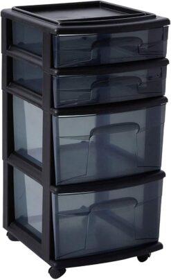 HOMZ Plastic 4 Drawer Medium Cart, Black Frame with Smoke Tint Drawers, Casters Included