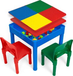 Play Platoon 5 in 1 Kids Activity Table and Chair Set- Stem Table for Toddlers with Water Table, Building Block Table, Craft & Sensory Table for Toddlers with 2 Chairs & 25 XL Blocks Primary Colors