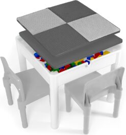 Play Platoon 5 in 1 Kids Activity Table and Chair Set- Stem Table for Toddlers with Water Table, Building Block Table, Craft & Sensory Table for Toddlers with 2 Chairs & 25 XL Blocks – Neutral Gray