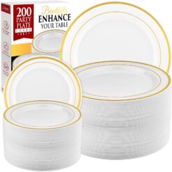 Prestee 200pc Gold Plastic Plates - 100 Dinner Plates & 100 Salad Plates, White + Gold-Rimmed Plastic Plates, Gold Party Plates Disposable Heavy Duty - Dessert, Appetizer, Holiday, Wedding Plates