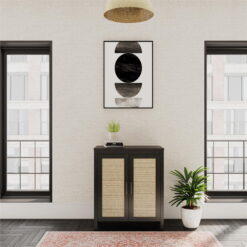 Queer Eye Wimberly 2 Door Accent Cabinet, Black Oak with Faux Rattan