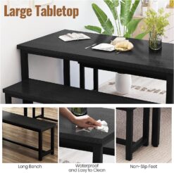 Recaceik 3 Piece Dining Table Set for 4, 43.3'' Kitchen Table Set with 2 Benches, Space Saving Dinette with Chairs Metal Frame & MDF Board Dining Room Table for Kitchen, Breakfast Nook, Black