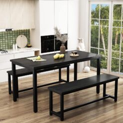 Recaceik 3 Piece Dining Table Set for 4, 43.3'' Kitchen Table Set with 2 Benches, Space Saving Dinette with Chairs Metal Frame & MDF Board Dining Room Table for Kitchen, Breakfast Nook, Black