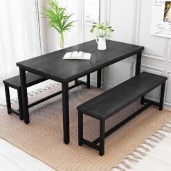 Recaceik 3 Piece Dining Table Set for 4, 43.3'' Kitchen Table Set with 2 Benches, Space Saving Dinette with Chairs Metal Frame & MDF Board Dining Room Table for Kitchen, Breakfast Nook, Black