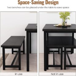 Recaceik 3 Piece Dining Table Set for 4, 43.3'' Kitchen Table Set with 2 Benches, Space Saving Dinette with Chairs Metal Frame & MDF Board Dining Room Table for Kitchen, Breakfast Nook, Black