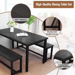 Recaceik 3 Piece Dining Table Set for 4, 43.3'' Kitchen Table Set with 2 Benches, Space Saving Dinette with Chairs Metal Frame & MDF Board Dining Room Table for Kitchen, Breakfast Nook, Black