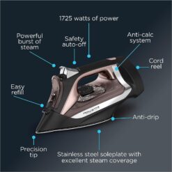 Rowenta Access Stainless Steel Soleplate Steam Iron with Retractable Cord 350 Microsteam Holes, Cotton, Wool, Poly, Silk, Linen, Nylon 1725 Watts Portable, Ironing, Garment Steamer DW2459