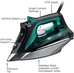 Rowenta Pro Master Stainless Steel Soleplate Steam Iron for Clothes 400 Microsteam Holes, Cotton, Wool, Poly, Silk, Linen, Nylon 1775 Watts Ironing, Garment Steamer, Powerful Steam DW8360