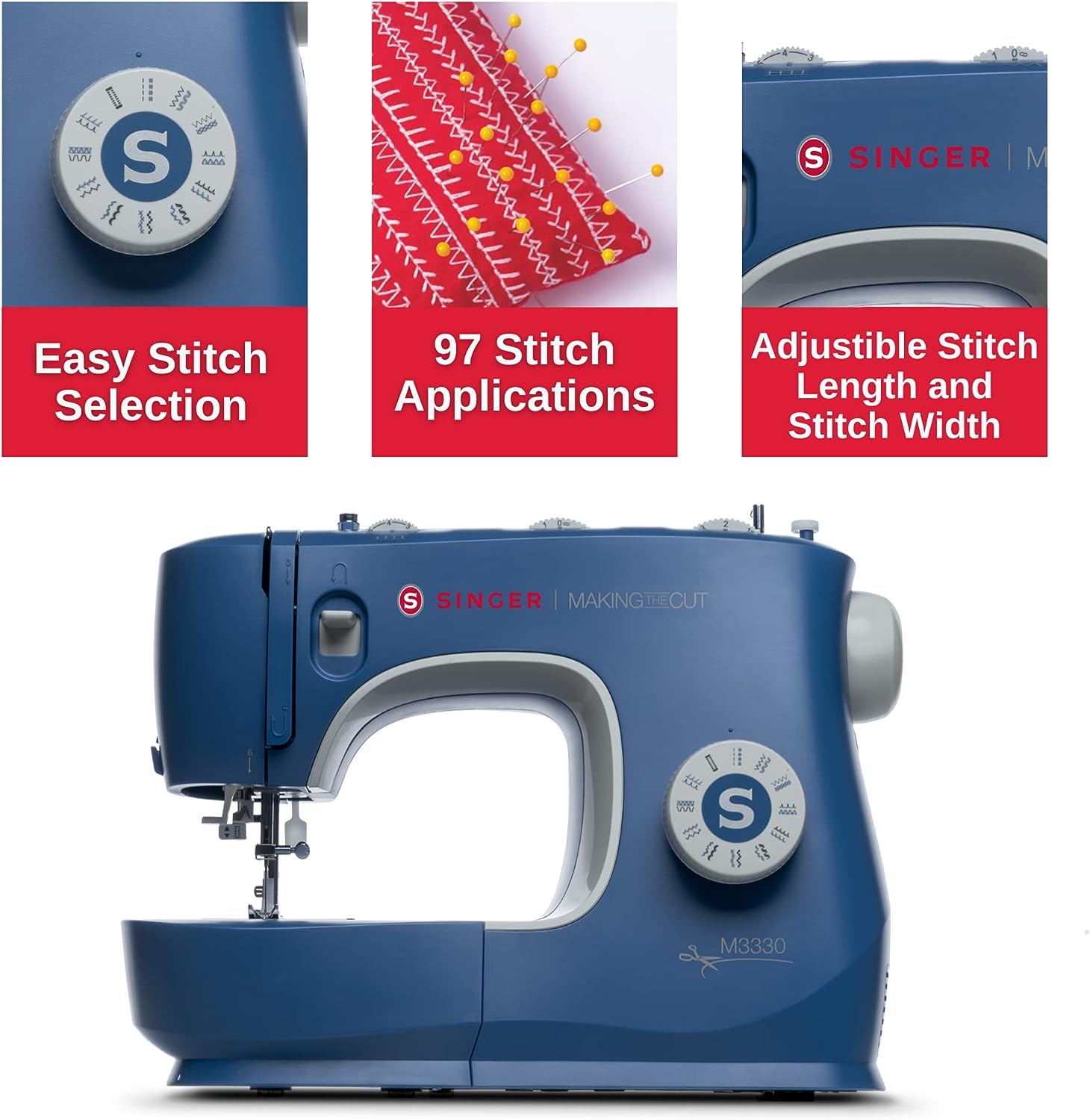 SINGER Making The Cut Sewing Machine with 97 Stitch Applications &  Accessory Kit M3330, Simple & Easy To Use, Perfect For Beginners, Blue.