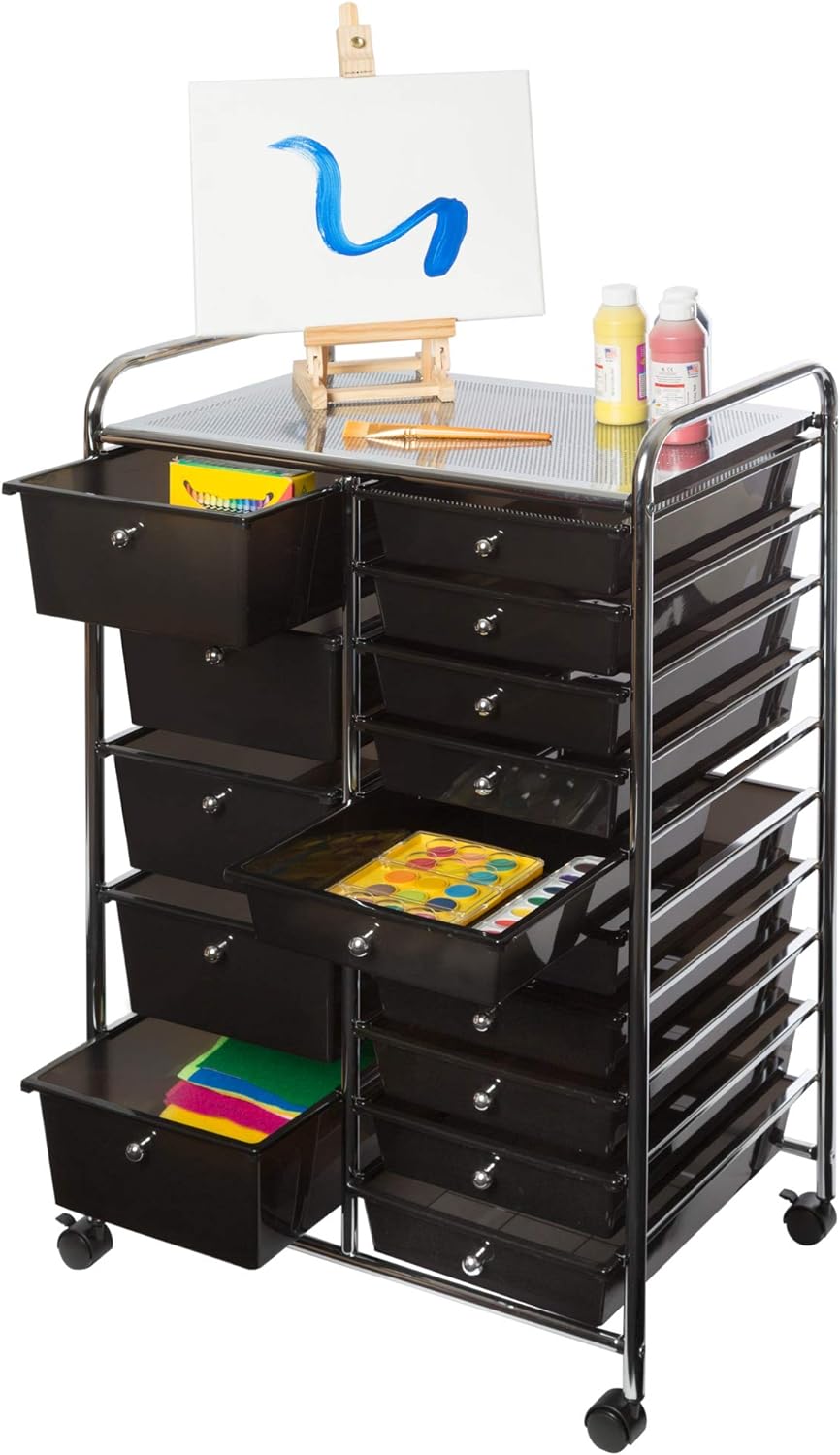 Seville Classics Rolling Utility Organizer Storage Cart for Home Office,  School, Classroom, Scrapbook, Hobby, Craft, 15 Drawer, Black