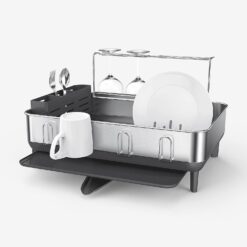 Simplehuman Kitchen Dish Drying Rack with Swivel Spout, Fingerprint-Proof Stainless Steel Frame, Grey Plastic