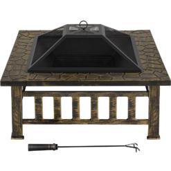 Smile Mart 34'' Metal Square Fire Pit Stove Brazier with Cover & Poker for Garden, Bronze