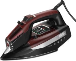 Sunbeam Professional Steam Iron, 1700 Watt, Large Nonstick Ceramic Soleplate, Horizontal or Vertical Shot of Steam, Self Cleaning, Large LED Screen and Bright LED Lights, 8' Swivel Cord, Black-Red