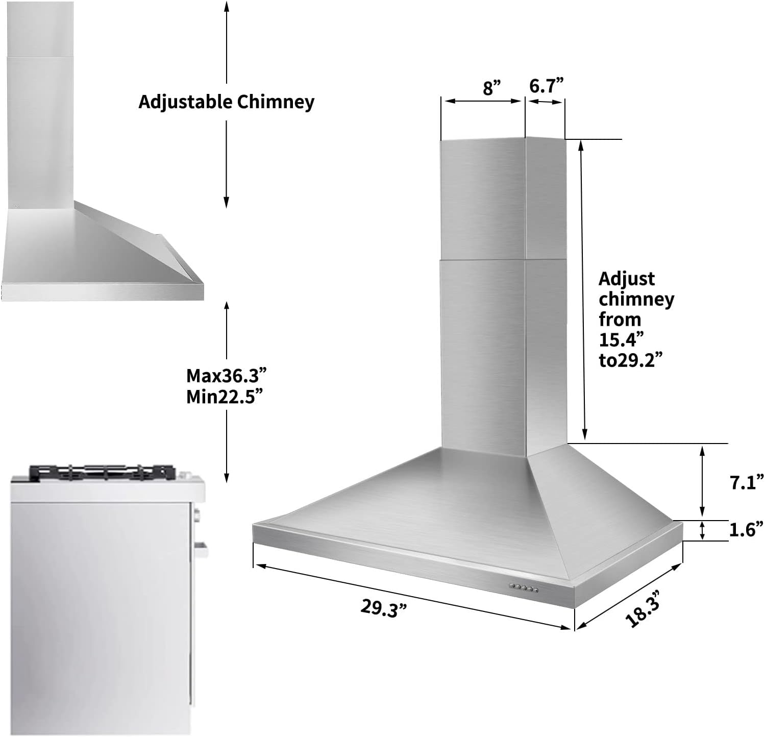 36 inch Range Hood Wall Mounted 450CFM Stainless Steel Stove Vent 3-Filters  New