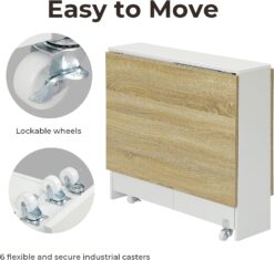 Tiptiper Folding Dining, Versatile Dinner Table with 6 Wheels and 2 Storage Racks, Space Saving Kitchen, Dining Room Table, 31.5 in x 51.2 in x 28.4 in, Pear Wood Color and White