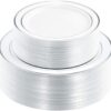 WDF 120PCS Plastic Party Plates White Silver Rim - Disposable Plastic Plates including 60 Plastic Dinner Plates 10.25inch, 60 Salad/Dessert Plates 7.5inch Heavy Duty Wedding Plates