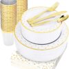 WELLIFE 350 Pcs Gold Dot Plastic Dinnerware, Disposable White Plates with Gold Dot Include: 50 Dinner Plates, 50 Dessert Plates, 50 Knives, 50 Forks, 50 Spoons, 50 Cups, 50 Napkins