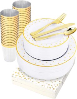 WELLIFE 350 Pcs Gold Dot Plastic Dinnerware, Disposable White Plates with Gold Dot Include: 50 Dinner Plates, 50 Dessert Plates, 50 Knives, 50 Forks, 50 Spoons, 50 Cups, 50 Napkins