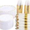 WELLIFE 350 Pieces Gold Plastic Plates with Disposable Silverware and Cups, Include: 50 Dinner Plates 10.25”, 50 Dessert Plates 7.5”, 50 Gold Rim Cups 9 OZ, 50 Gold Cutlery