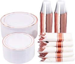 WELLIFE 350 Pieces Rose Gold Plastic Dinnerware, 50 Guests Disposable Plates with Rose Gold silverware and Cups 9 OZ, 50 Pre Rolled Napkins with Rose Gold Cutlery, Perfect for Wedding