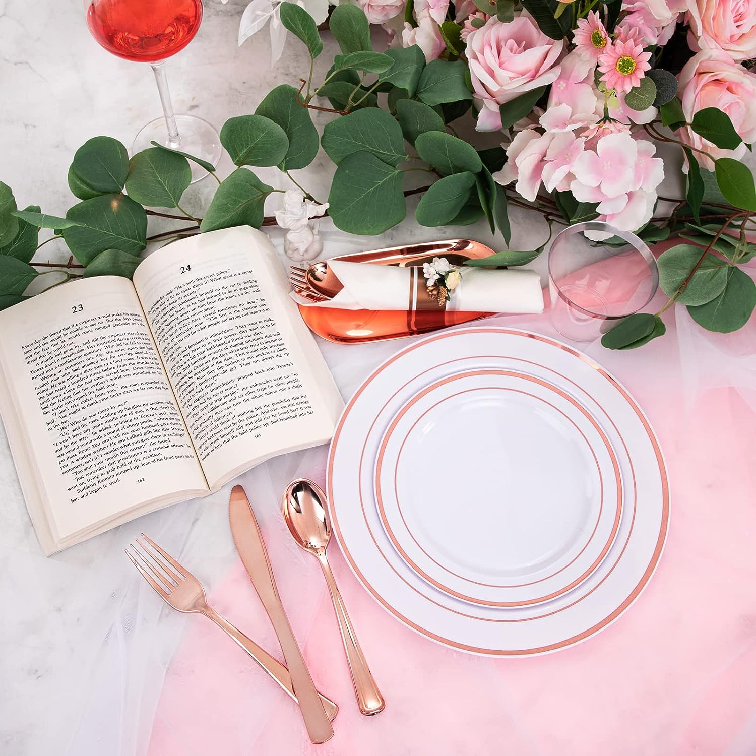 WELLIFE 350 Pieces Rose Gold Plastic Dinnerware, 50 Guests Disposable Plates with Rose Gold silverware and Cups 9 OZ, 50 Pre Rolled Napkins with Rose Gold Cutlery, Perfect for Wedding2