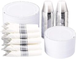 WELLIFE 350Pcs Plastic Plates with Disposable Silverware and Cups, Include: 50 Dinner Plates 10.25”, 50 Dessert Plates 7.5”, 50 Silver Rim Cups 9 OZ, 50 Pre Rolled Napkins Packed in